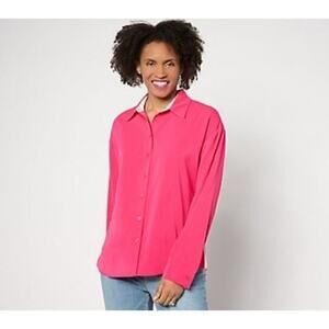 Peace Love World Women's Relaxed Woven Button Up Shirt, Pink, Size XXS